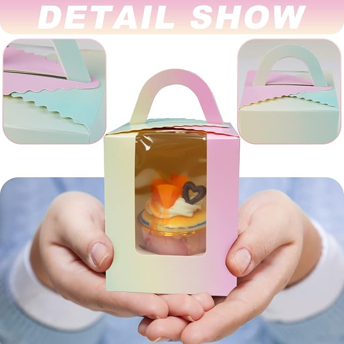 KEYIDO 30 Pcs Individual Cupcake Boxes Gradient Single Cupcake Boxes 1 Hole Cake Box with Clear Window Inserts and 2 Sheets of Stickers for Wedding Birthday Party Favors