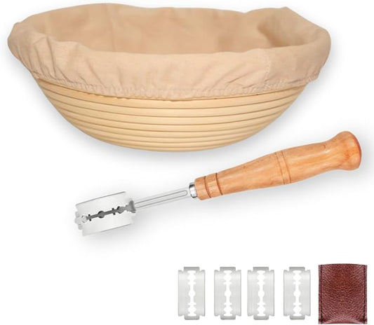 Banneton Sourdough Bread Proofing Basket, Premium AA-Grade, 9 Inch for Round, Boules Loaves, Vietnamese Banneton with Cloth Cover, Bread Lame Holder with 5 Blades