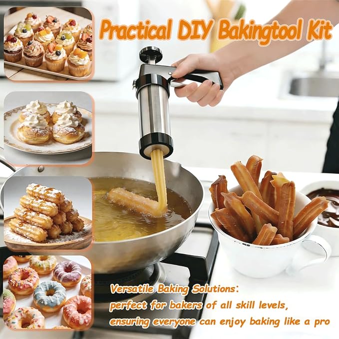 Cookie Press Gun Kit, Spritz Cookie Maker with 13 Discs & 8 Icing Tips, 2 Donut Molds & Piping Bags, Stainless Steel Baking Set for Cookies, Donuts, Churros & Cake Decorating
