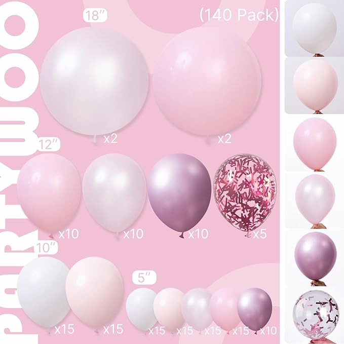 PartyWoo Light Pink Balloon Arch Kit Garland 140pcs Different Sizes of 18 12 10 5 Inch Baby Pastel Pale Pearl Metallic Pink White Clear Confetti Balloons for Baby Shower Birthday Party Decorations