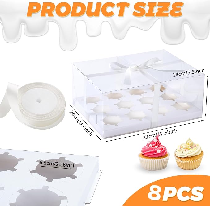 JCD 8 Pack Clear Cupcake Boxes,5.5inches height 12 Counts Cupcake Containers with Gift Ribbon,Bento Boxes with Clear Lid for 12 Cupcakes for Treat Dessert Cookies Muffins Pastry Party (12count/8pcs)