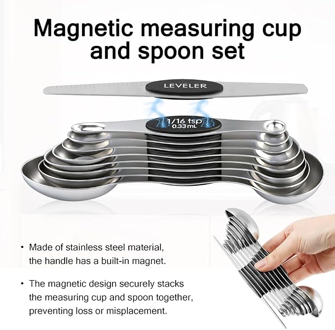 Magnetic Measuring Cups and Spoons Set, 17PCS Stainless Steel Dual-Sided Spoons with Built-in Leveler for Dry & Liquid Ingredients, Magnetic Nesting Design for Baking & Cooking(COLOR:silver)