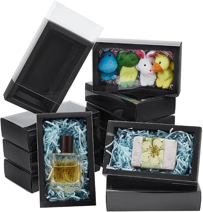 PH PandaHall Drawer Kraft Boxes 6.7x3.9x1.6 Inch Black Gift Boxes with Clear PVC Windows Rectangle Paper Box Party Favor Box for Candy Cookies Bakery Jewelry Crafts Gifts Wrapping, 12pcs
