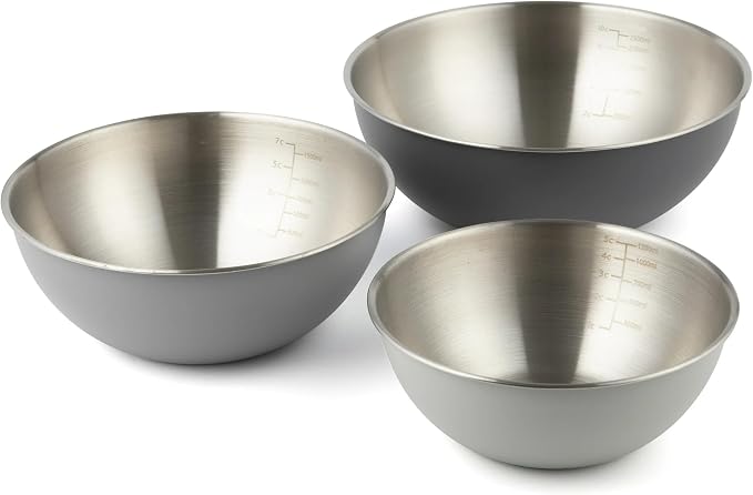 3 Piece Stainless Steel Mixing Bowls Set - Nested Kitchen Prep Bowls with Measurement Markings, 1.5 Qt, 2.3 Qt, 3.3 Qt, Dishwasher Safe