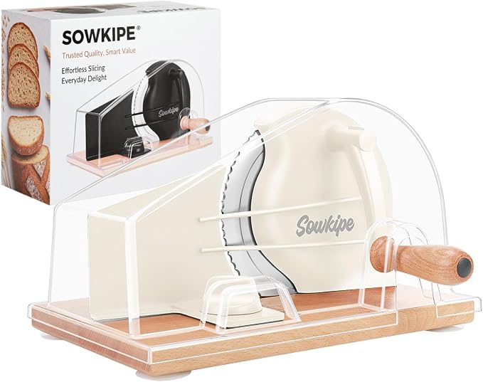 SOWKIPE Upgraded Manual Bread Slicer for Homemade Sourdough Bread, Adjustable Thickness Hand Crank Bread Cutter with Metal Guide, Scale Line, Even Slices, Suction Cups, Cover (Cream)