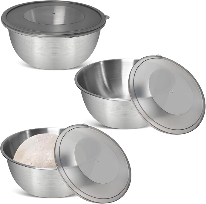 3 Pack Pizza Dough Proofing Bowls, 1200 ml Stackable Stainless Steel Proofing Container with Clear Airtight Lid, Suitable for Fermenting Pizza Dough and Bread