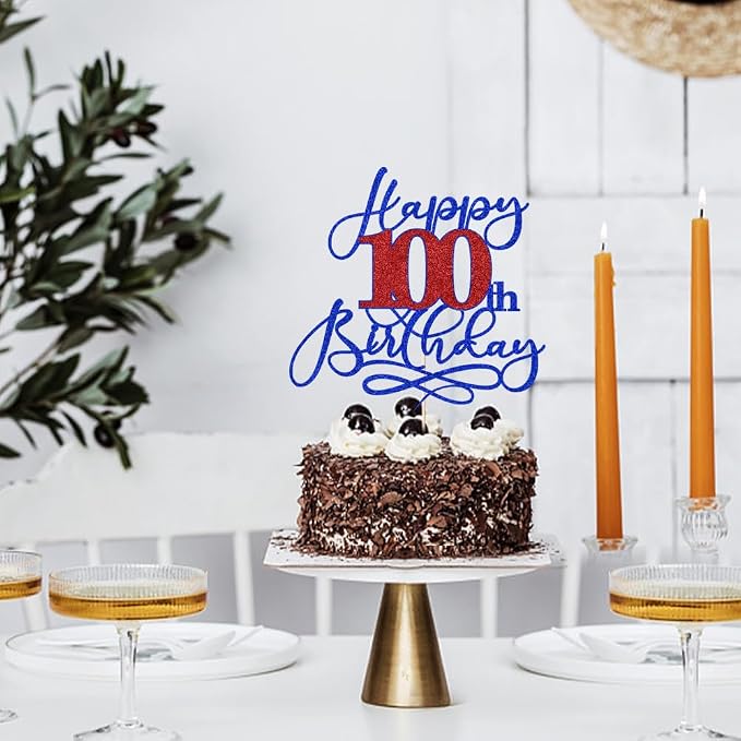 Happy 100th Birthday Cake Topper,Black font Golden Numbers 100th Birthday Cake Decoration，Hello 100, Cheers to 100 Years/100th Anniversary,100& Fabulous Party Decoration