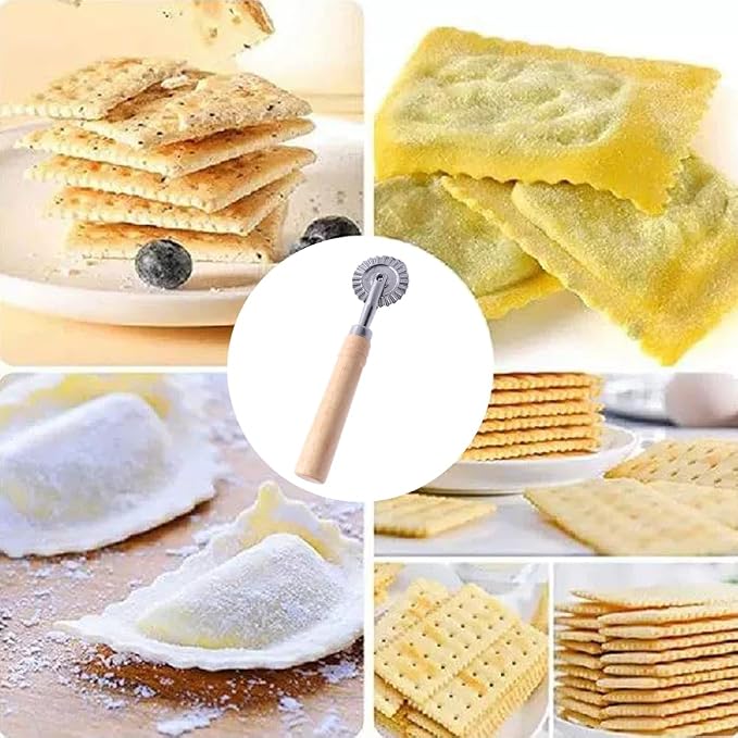 Pastry Cutter Wheel, Pasta Cutter Wheel with Long Wooden Handle, Zinc Alloy Ravioli Cutters Wheels with Roller Dumpling Lace Making Cuttered for Kitchen(SIZE:6.3 x 1.57inch)