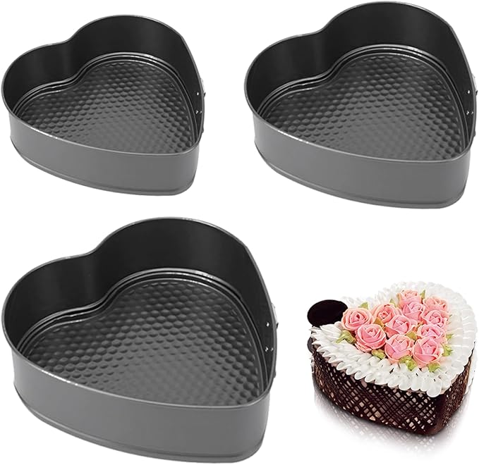 3 Springform Heart Cake Tins Heavy Duty, Double Layer Non-Stick Coating, Removable Base, Heavy Duty Carbon Steel, Perfect for Frozen Desserts - Oven Safe Bakeware (8/9/10 Inch)