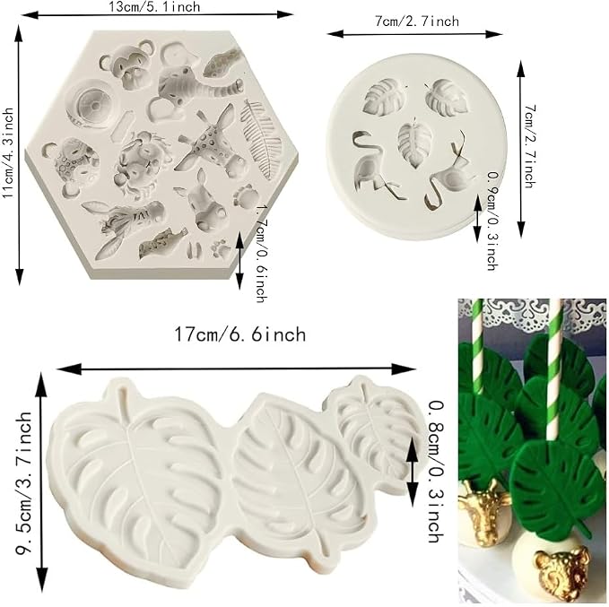 Safari Animal Fondant Mold Flamingo Silicone Molds,Safari Cake Decorations Animal Cake Toppers Mold,Tropical Leaf Chocolate Silicone Molds for Cake Decorations