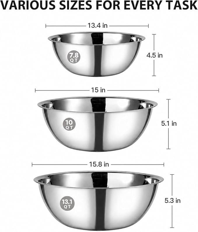 CURTA 3 Piece Large Stainless Steel Mixing Bowls Set, Extra Large Metal Mixing Bowls (7.8, 10, 13.1 QT), Heavy-Duty Nesting Salad Bowls with Flat Base for Bread Dough Kneading, Baking & Catering