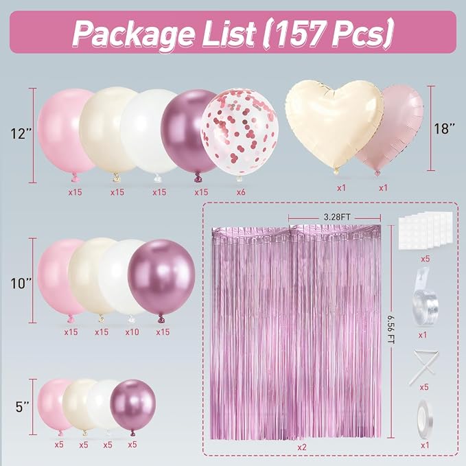 157Pcs Pink and White Balloons Garland Arch Kit with Metallic Pink Fringe Curtain for Woman Girl Princess Birthday Bridal Baby Shower Engagement Wedding Valentine's Day Party Decorations
