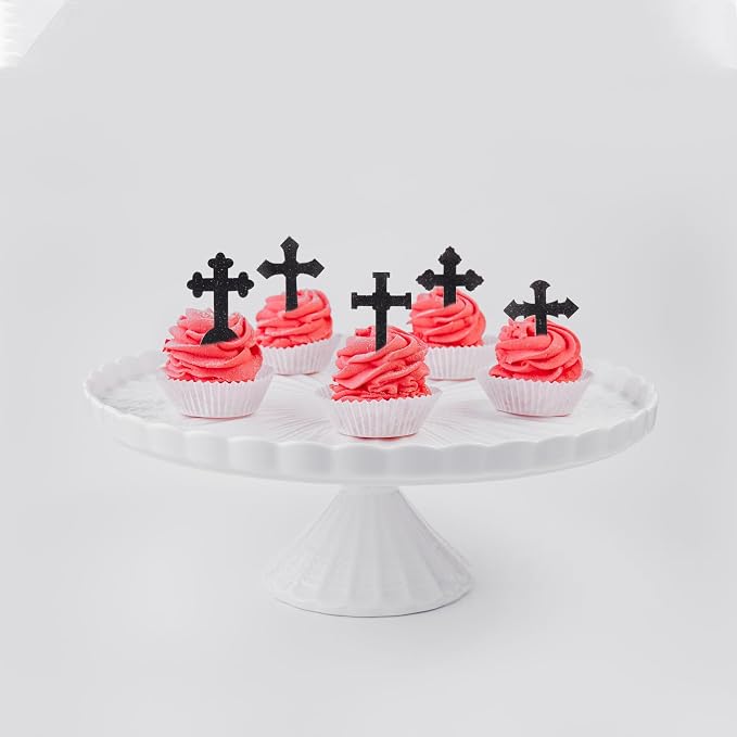 60 PCS Edible God Bless Cross Cupcake Toppers Christian Baptism God Bless Cupcake Picks Edible Cross First Communion Cake Decorations for Religious Theme Baby Shower Birthday Party Supplies Black