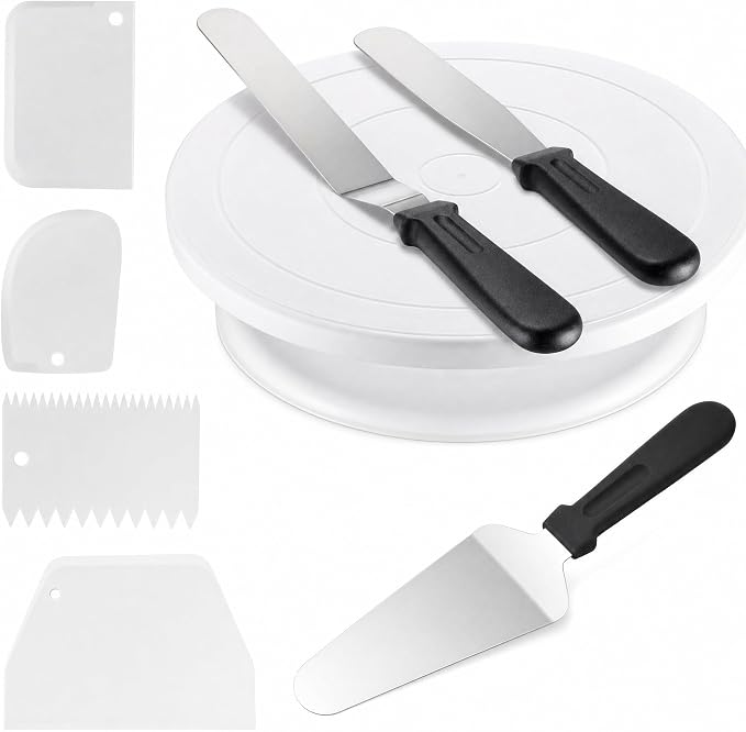 8-Piece Cake Decorating Kit with Rotating Cake Turntable, 3 Frosting Spatulas & 4 Icing Smoothers, Cake Decorating Supplies for Beginners, Home Bakers & Professionals