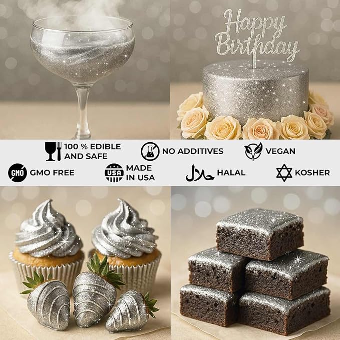Silver Edible Glitter for Drinks 20g - Silver Edible Glitter for Cakes Cocktails Metallic Cake Decoration Sprinkles - Luster Dust for Cocktail & Cake Topper Chocolate Baking Decorating Fondant Cookies - Drink Shimmer Spray - Food Grade Vegan, Kosher, H...