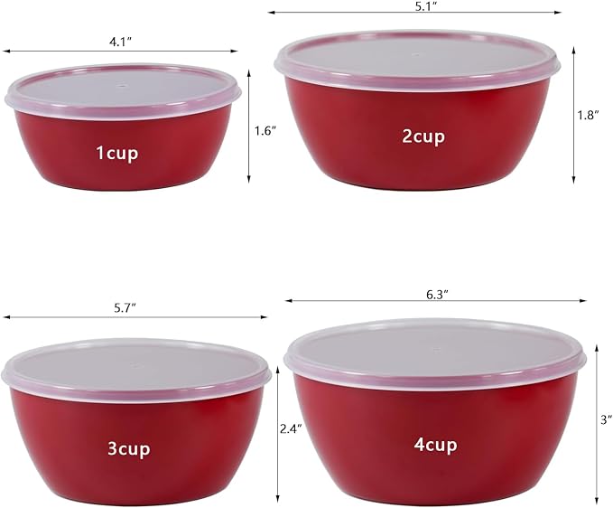 Small Classic Plastic Prep Bowls with Lids, Set of 4, Microwave and Dishwasher Safe (Red)