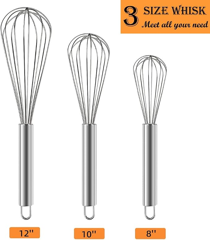 Polly Online Stainless Steel Whisk Set, 3 Packs Balloon Whisk for Cooking, Whisking, Blending (8",10",12")