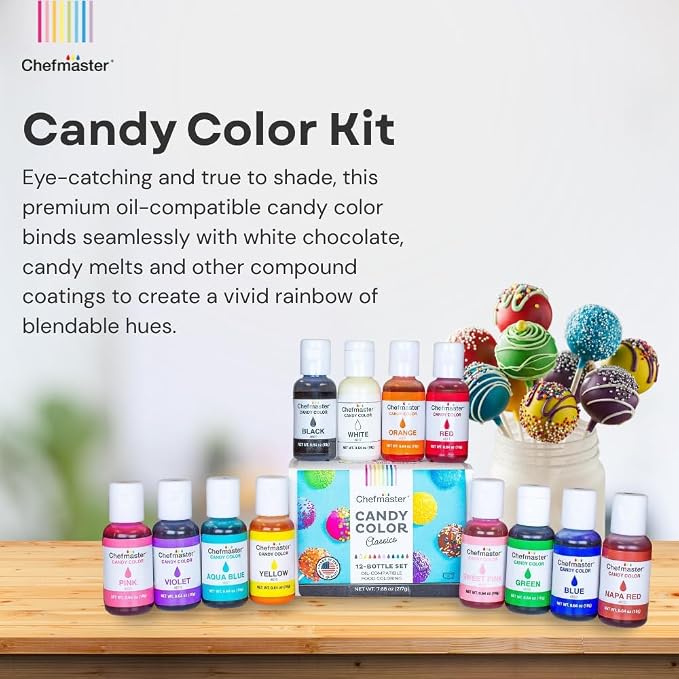 Chefmaster 12 Bottle Set of Candy Colors, True-Tone Shades, Oil-Based, Professional-Grade Dye, Chocolate, Strawberries, Cake Pops, Decorating, Easy-to-Use, Manufactured in the USA, 0.64 oz Each