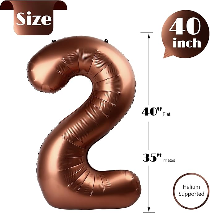 Dark Brown 2 Balloon, Coffee Brown Number Balloons 40 Inch, Chocolate 2nd Balloon Number Birthday Decorations, Second Two Birthday Party Supplies, Number 2