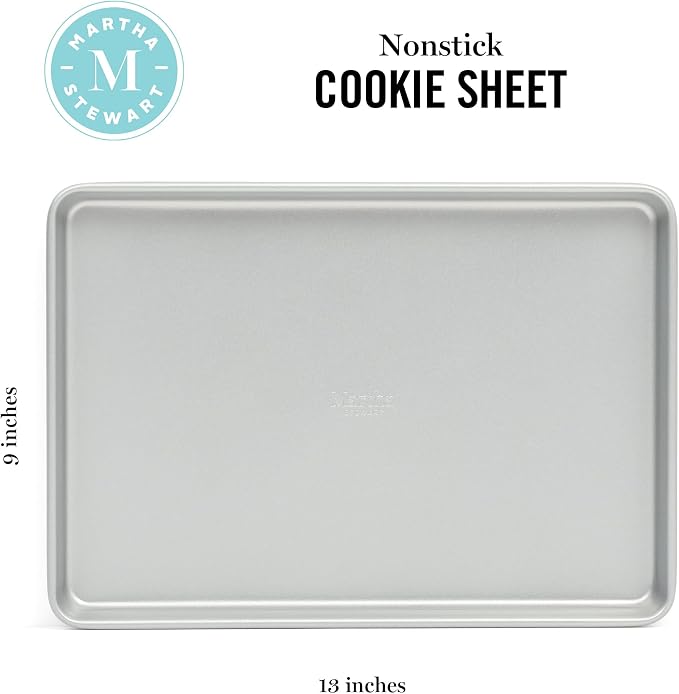 Martha Stewart Gallen 13 x 9 Inch Nonstick Carbon Steel Cookie Sheet - Silver Durable Baking Pan for Cookies, Brownies & Roasting