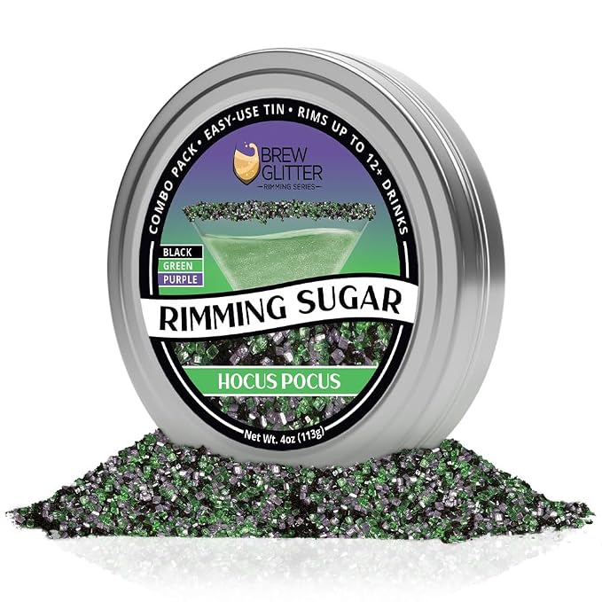 Brew Glitter - Hocus Pocus Mix - Green, Purple & Black Rimming Sugar (4oz, 1x Bar Tin) Halloween Cocktail Garnish for Mixed Drinks & Refreshments