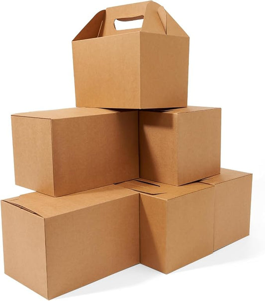Happyhiram 40-Pack Large Gable Boxes Kraft Brown - 9x6x6 Inch Sturdy Kraft Paper Gift Boxes for Party Favors, Box Lunches, Cookies, and Birthday Wedding, Easy to Assemble with Handles