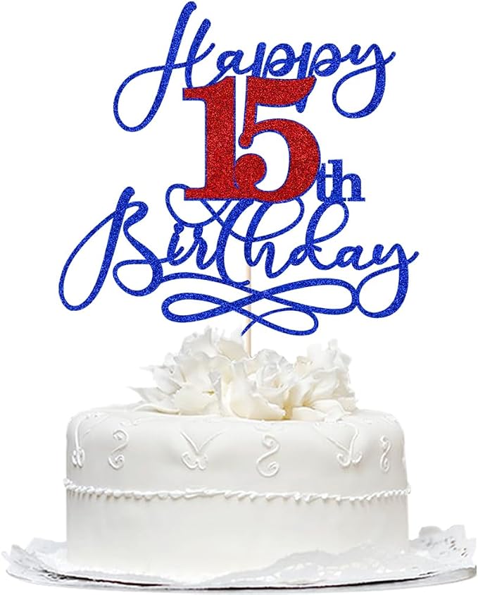 Happy 15th Birthday Cake Topper,Deep blue font red Numbers 15th Birthday Cake Decoration,Hello 15, Cheers to 15 Years/15th Anniversary,15& Fabulous Party Decoration