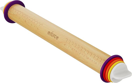 Adjustable Rolling Pin with Thickness Rings for Baking, 13.6" with 4 Multicolored Thickness Ring, Wood Dough Roller for Baking Fondant, Pizza, Cookie, Bread, Pie Crusts