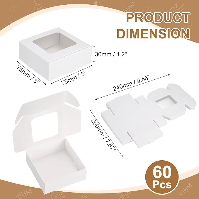 uxcell 60Pcs Kraft Soap Boxes, 3 x 3 x 1.2Inch Mini Kraft Treat Box with Clear Window for Candy Cookie Gift Party Festival Favor Treats Packaging (White)