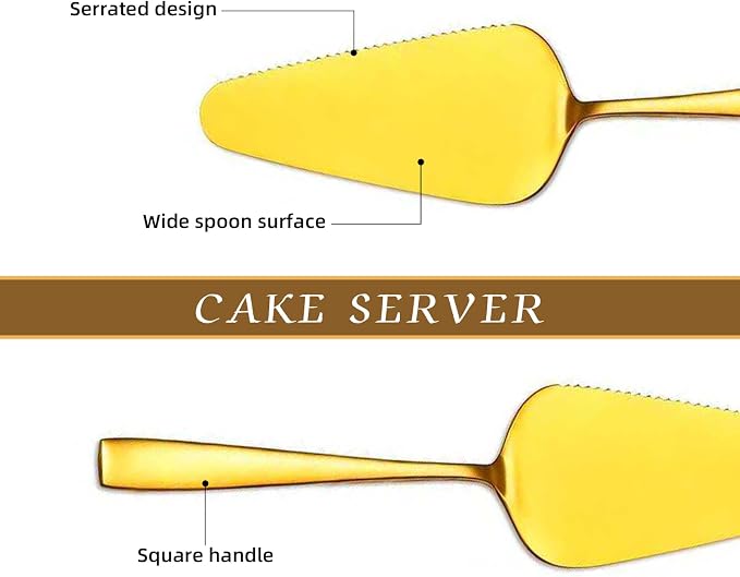 Cake Pie Servers, 9.06" Stainless Steel Pizza Pastry Slice Server, 2 PCS Gold Wedding Cake Cutter with Serrated Edges, Square Handle Cake Cutting Set for Wedding Brithday Parties and Events