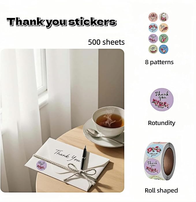 500pcs Floral Thank You Stickers Roll,1 Inch Circle Gift Seals for Packaging, 8 Patterns,Pink Rose Design,Bakery,Cards,Envelopes-Waterproof Adhesive Labels (Pink)
