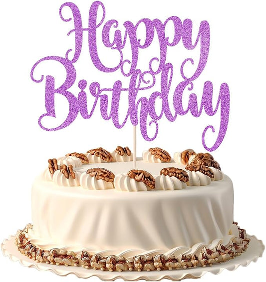 Happy Birthday Cake Topper- Glitter Happy Birthday Cake Decor, Handmade Anniversary/Birthday Party Supplies (Purple)
