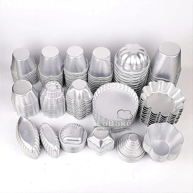 LoBake 10pcs per lot Various Design Fluted Edge Wavy Flower Cup Boat Round Shape Aluminium Tart Mould Jelly Pudding Cup Cupcake Mold Baking (C19)