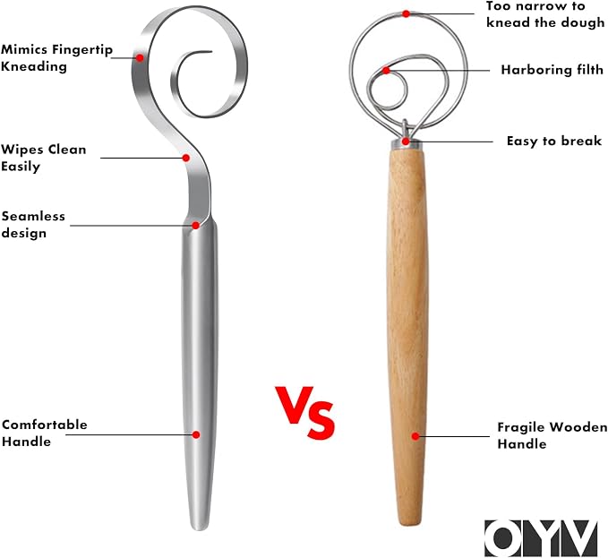OYV 12" Seamless Dough Whisk, 18/10 Stainless Steel Bread Whisk, Danish Whisk for Sourdough, Pizza, Cookies, Pancake & Waffle, Easy to Clean Sour Dough Tools