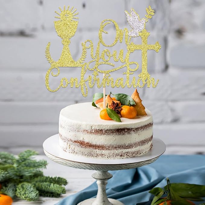 Gold Glitter Communion Cake Topper-Suitable for Ramadan, Religious Baptism, Baby Shower Birthday Party Decorations, Children's Birthday, God Bless, Wedding Party Decorations