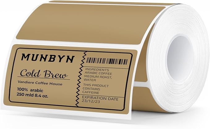 MUNBYN 4” X 2” Direct Thermal Labels, Thermal Printer Stickers, Strong Adhesive & Perforated Labels Paper for Barcode, Mailing, 500 Sheets/1 Roll, Brown