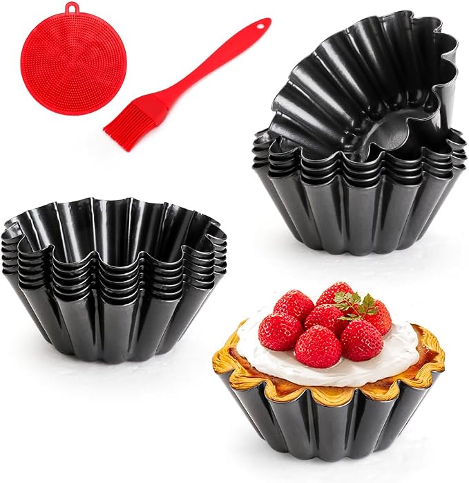 12 Pack Mini Pie Pans, 5.1 Inch Mini Pie Tins Heavy Duty Deep Quiche Pan, Carbon Steel Mini Tart Pan Nonstick Reusable Round Small Pie Pans Fluted Side with Oil Brush&Silicone Scrubber
