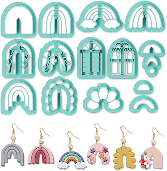 ORIGACH 14 Pcs Boho Arch Shape Polymer Clay Cutters, Rainbow Flower Frame Design Clay Cutters for Polymer Clay Jewelry Earrings with a Clear Storage Box