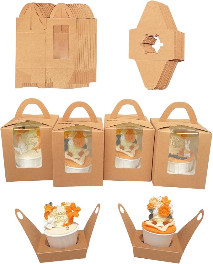 Bakepacker Auto-pop up Individual Cupcake Boxes with Window 25 Count Brown Single Cupcakes Box 3.7 x 3.7 x 4.3inch Cupcake Carrier