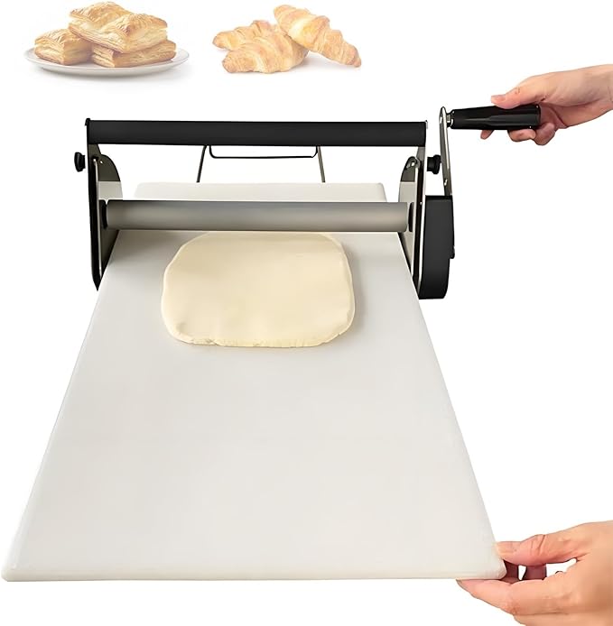 Commercial & Home Use Hand Crank Dough Sheeter Machine,Rs201 Adjustable Thickness (0-27mm) for Croissants,Pizza, Pasta,Foldable Stainless Steel Pastry Roller with Non-stick Pp Panel,RS101