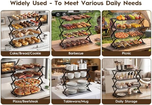 4 Tier Collapsible Cooling Rack - Upgraded Adjustable Heavy Duty Cooling Rack with 4 Setting Stackable Design - Space-Saving Folding Wire Bread Cookie Racks Cooling Baking Gifts for Women Black