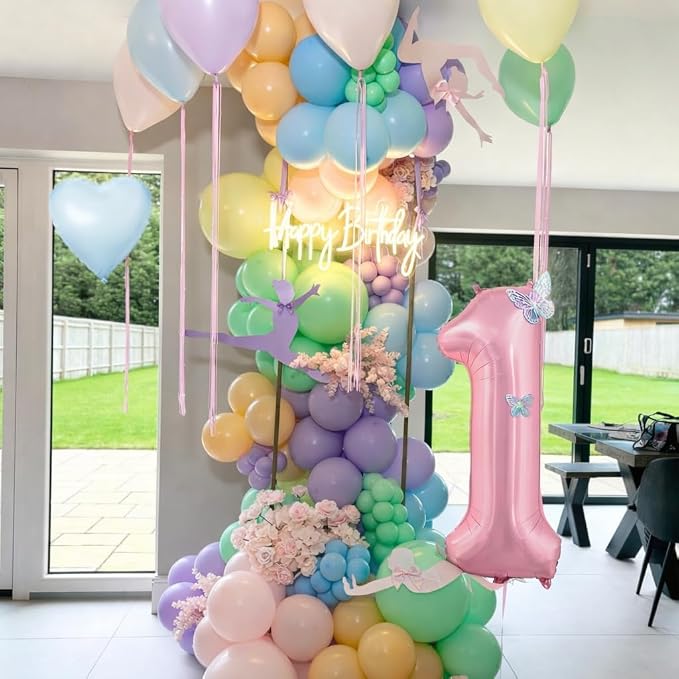 1st Pastel Rainbow Birthday Decorations for Girls,Macaron Pink Blue Purple Green Yellow Colorful Confetti Balloons Banner Star Heart Number 1 Foil Balloon Butterfly Stickers Easter Decor