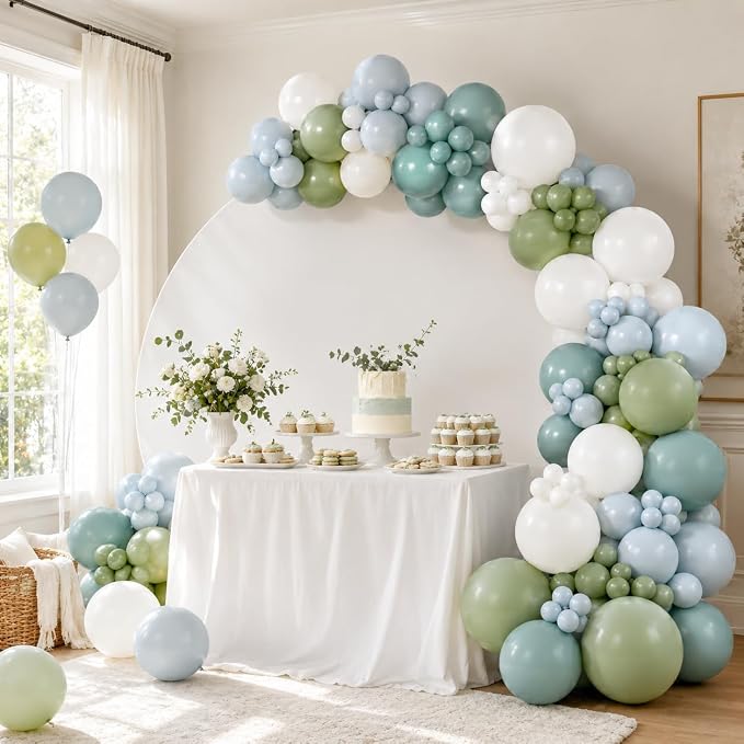 Dusty Blue Sage Green Balloon Arch Kit, Slate Fog Blue Dusty Olive Green White Balloons Different Size for Boho Baby Shower Bridal Shower Wedding Anniversary Neutral Birthday Woodland Party Decoration