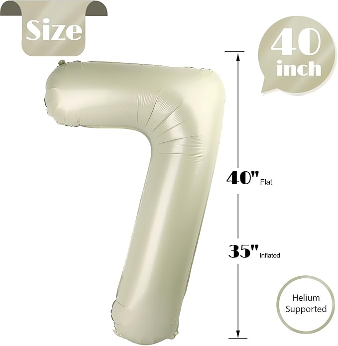 Cream 7 Balloon, Number Balloons 40 Inch, Cream 7th Birthday Decorations for Kids Girls Boys, Party Decoration for Women Men, Number 7 Balloon