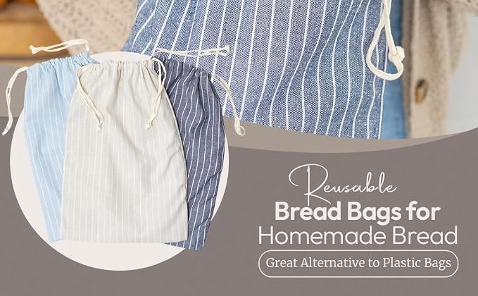 Reusable Bread Bags with Drawstring | XL Pack of 3 | Eco-Friendly Washable Linen Bread Bag & Spacious Sourdough Bread Storage | Bread Bags Reusable Keeps Your Loaf Fresh | Strips Design