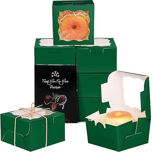qiqee Deep Green Bakery Boxes with Window 55pcs 4x4x2.5 Mini Cookie Boxes Macaron Boxes Small Donut Pastry Boxes for Party