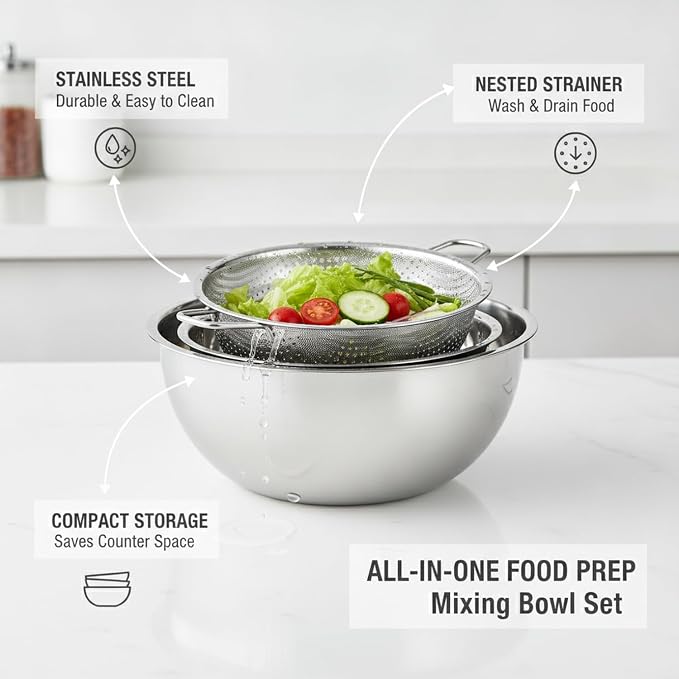 Stainless Steel Mixing Bowl Set with Nested Strainer for Washing, Draining, and Food Prep