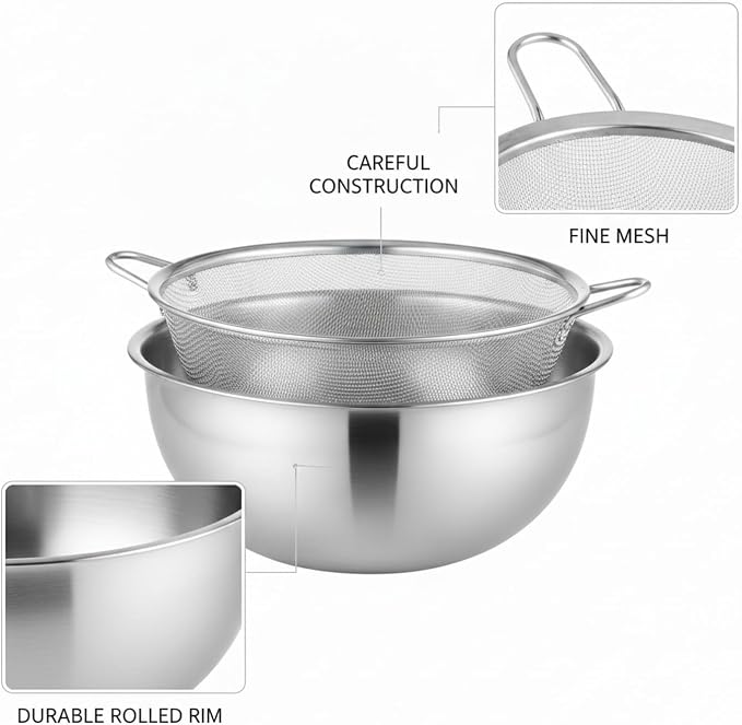 Home Cooks Stainless Steel Mixing Bowl Set with Nested Strainer for Efficient Washing and Food Prep