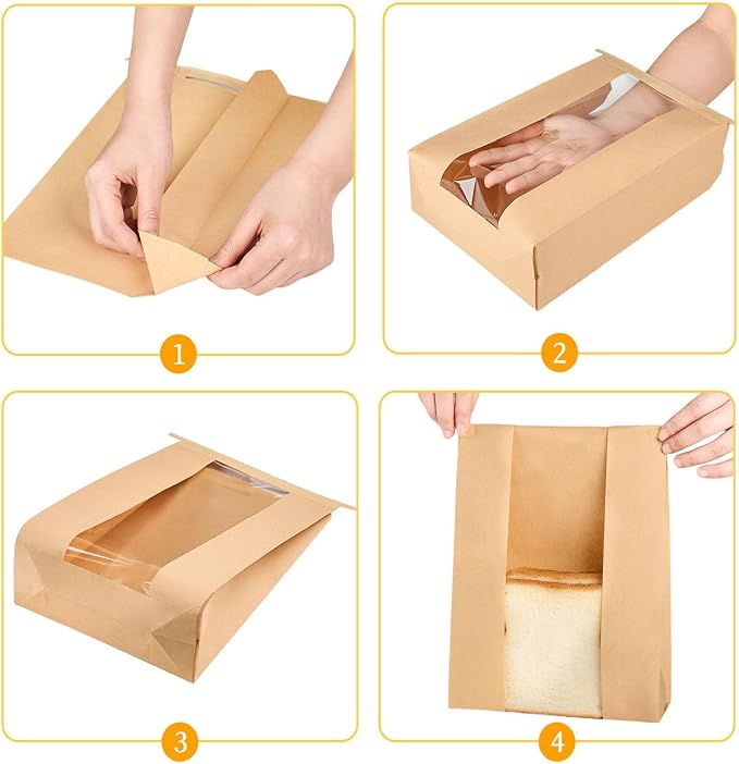 Ocmoiy 50Pcs Tin Tie Tab Lock Large Paper Bread Bags for Homemade Sourdough Bread Bags 13.7x8.2x3.5 Inch Resealable Bakery Bags with Window Thank You Stickers