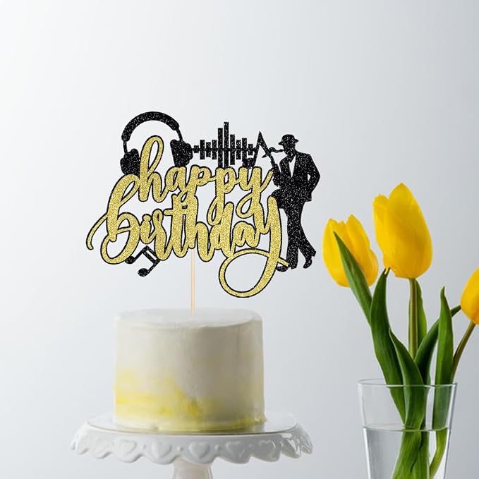 Saxophone Happy Birthday Cake Topper-Black Gold Glitter Saxophone Music headphones Cake Decorations,Music Lover Theme Birthday Party Supplies